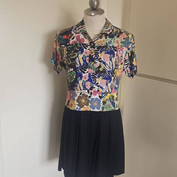 Johnny Was Floral Prt. Knit/ Blk Pleated Denim Short Slv. Dress, NWOT, XXS - Picture 1 of 8